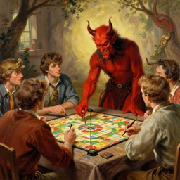 a group of people playing a board game with the devil, an ultrafine detailed painting by john philip falter, shutterstock, american scene painting, movie still, american propaganda, storybook illustration