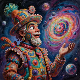 a hyper extravagant and complex painting with almost quantum details of a mojo jojo perceiving the universe, psychedelic ultrarealistic cosmic surreal bizarre art - c 9. 8