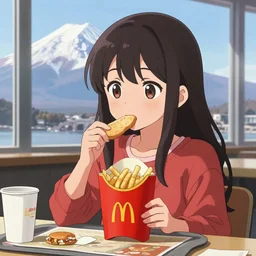 “an anime girl eating at McDonald’s, pixiv, Mount Fuji in the background”