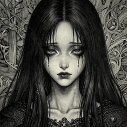 A beautiful detailed aesthetic horror portrait painting titled Face of sadness description Order of the occult princess portrait, character design, worn, dark, manga style, extremely high detail, photo realistic, pen and ink, intricate line drawings, by Yoshitaka Amano, Ruan Jia, Kentaro Miura, Artgerm, concept art, artstation, matte painting, style by eddie mendoza, raphael lacoste, alex ross,