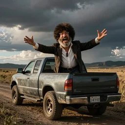 bob ross screaming in back of pick up truck on bad acid trip