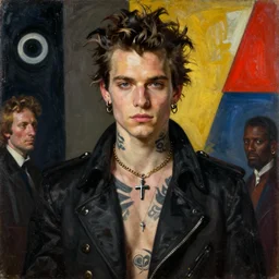 portrait of a handsome man in a black outfit, punk, shirtless tattoos, piercings, a flemish baroque by alexander mcqueen, art by john collier by greg rutkowski and craig mullins, hilma af klint, oil on canvas