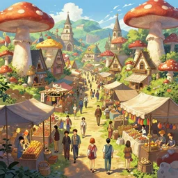 colorful, haphazard, bustling marketplace in a mushroom town, market stalls, anime, a fantasy digital painting by Greg Rutkowski and James Gurney, trending on Artstation, highly detailed