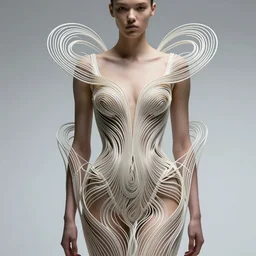iris van herpen spring 2 0 2 5 delicate intricate couture kinetic infinite designs, modeled by modern designer bust, expert composition, professional retouch, editorial photography