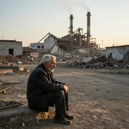 a sad solitary old man looks on as in the evening sunlight as in the distance a factory is demolished, by ismail inceoglu