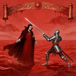 sacred vampire against a knight, red sea, sword attack, acanthus scroll, ceremonial clouds, dripping paint, fibonacci rhythm, artstation, art germ, wlop, karol bak, christopher balaskas, ross tran