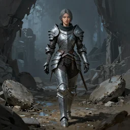 full body character portrait of a female grey warden from dragon age walking through muddy destroyed underground ruins wearing grey warden armor, dragon age concept art, dragon age concept art, blue and grey color scheme, illustration, digital painting, matte painting, realistic lighting, with a realistically proportioned face, glowing eyes, photorealistic eyes, good value control, realistic shading, realistic face details