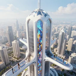 ultra realistic cg rendering of a futuristic tower with stained glass from above. key art. parametric design. utopian furturistic city. summer sky. award winning. white chrome. mirror /'s edge, by marcin rubinkowski and adam varga and godwin akpan and yuliya zabelina. photorealism. highly detailed, multi layered. sharp focused details