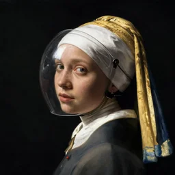 a woman's face in profile, perspex helmet and nun's habit, in the style of the dutch masters and gregory crewdson, dark and moody
