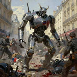 demonic samurai robot slaughtering french soldiers and civilians in the interbellum paris, very detailed painting, concept art, intense heavy street battle, pile of bodies, a lot of blood on the streets, art by jakub rozalski