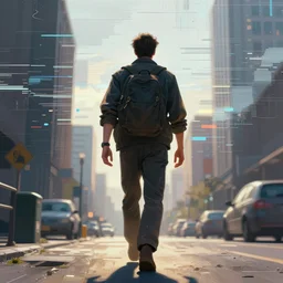 PS1 game, man walking in city third person, static white noise glitching in the sky