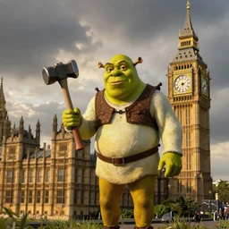 shrek with a hammer next to the big ben