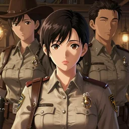 portrait, complexity, global lighting, detail, ultra sharpness, beautiful female sheriff body from games yoshihiro togashi style, big eyes, plump lips, a gunshot, global lighting, western saloon theme, detailed faces, blank faces, style yoshihiro togashi style.
