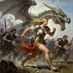 A beautiful oil painting of a viking woman sprinting into battle, by Lucas Graciano, Frank Frazetta, Greg Rutkowski, Boris Vallejo, epic fantasy character art, goddess of war, high fantasy, Exquisite detail, post-processing, low angle, masterpiece, cinematic, colossal dragon as background