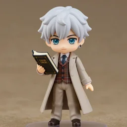 nendoroid aziraphale from good omens, holding bible, good omens tv series, white curly short hair, beige suit, long coat, brown tartan vest, michael sheen