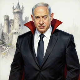 insanely detailed painting of benjamin netanyahu in vampire d, castle in background, by yoshitaka amano