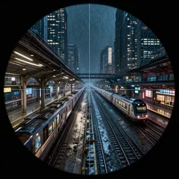 !Train station!, equirectangular projection grid of a futuristic bladerunner, trains, cyberpunk, train station in the rain at night, volumetric lighting, 4K, Spherical, Panorama, RealityEngine, PhotoRender, hyperdetailed, cinematic