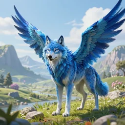 Blue feathered wolf with wings on a beautiful fantasy landscape, hills, mountains, HD, post processing, ultra detailed, trending on artstation