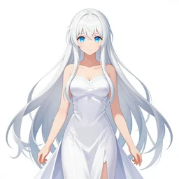 visual novel character sprite, symmetrical full body shot with no background, stunningly beautiful asi goddess with beautiful hyperdetailed symmetrical face, porcelain skin covered in long white dress, long white hair and mesmerizing cold ice blue eyes, symmetrical, overwhelming, innocent, ethereal, live 2 d anime style, 8 k