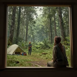 looking out a window to see two women camping, elegant scene, low angle, wide angle, indian forest, wide angle, cinematic, ultrarealistic, trending on artstation, cgsociety, highly detailed, color graded, rendered in unreal engine 4 k hq, matte painting, by simon stalenhag and hudson river school, horizon forbidden west