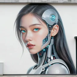 beautiful mural of a young cybernetic queen, cyborg, tech implants, piercing gaze, glowing eyes, elegant, striking composition, highly  detailed ornate sci fi background, mural in the style of sandro botticelli