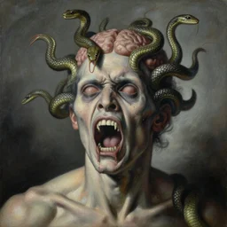 a painting of a decapitated screaming man's withered face with biting serpents swarming out of his brain, a surrealist painting, polycount, surrealism, surrealist, sabattier effect, lovecraftian, cosmic horror