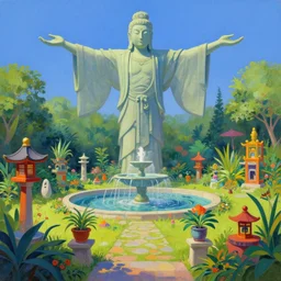 strange weird pagan luscious garden with amazing little altars and japanese plants with a gigantic statue fountain of an ancient god stretching its arms above the garden by beksinski, digital art, oil painting, colorful, artstation, australian tonalism escher, minimalist, very clear, no blur, serene