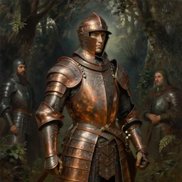 a detailed, beautiful oil painting of a warrior wearing intricate, etched copper armor in an ancient forest, by michael whelan, donato giancola, and william adolphe bouguereau