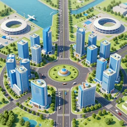 roundabout green city with streets, blue buildings, water, highways, stadium, airport, hyperdetailed, artstation, cgsociety, 8 k