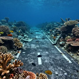 An (abandoned) underwater road surrounded by colourful corals, fish and other sea life