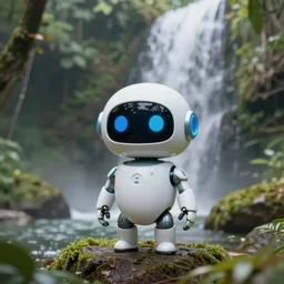 a cute robot under a waterfall in the jungle, highly detailed, digital painting, award winning art