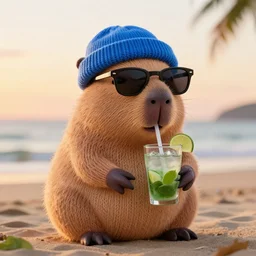 a photorealistic picture of a knitted cute Capybara wearing sunglasses and dressed in a blue beanie cap. The Capybara is also sipping from a refreshing mojito drink at the beach during sunset. The image is Trending on Artstation, featured on Behance, well-rendered, fine detail, extra crisp image, Unreal Engine, 4K HD