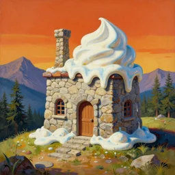 a vivid surrealist painting of a melting, gooey, stone building with a door and windows, made out of melting ice cream. on a hill in the mountains and forest on a scorching hot day, in the style of dali