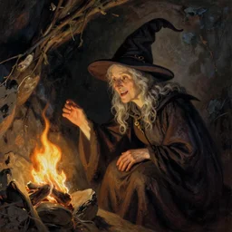 the face of a hopeful old witch looking into a flame in a cave Thomas kincade