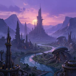 sci - fi, alien landscape old machines, old city, mountains, river, sunset, purple, pink, blue, deep focus, fantasy, intricate, elegant, highly detailed, digital painting, artstation, concept art, matte, sharp focus, illustration, art by artgerm and greg rutkowski