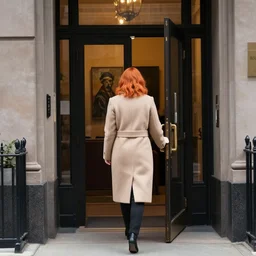 back of emma stone in beige coat, orange hair, walking into new york apartment building in winter, opening door, building entrance, artwork by gaston bussiere, craig mullins, trending on artstation