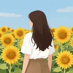 the back of a woman in a field of sunflowers, cel - shaded art by ilya kuvshinov and makoto shinkai, sunset, portrait, highly detailed, digital painting, trending on artstation, concept art, sharp focus, illustration