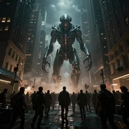 an epic extraterrestrial battle in new york city, in the style of the abyss, epic scene, extremely detailed masterpiece, extremely moody lighting, glowing light and shadow, atmospheric, shadowy, cinematic, god lighting