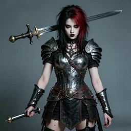 portrait of a goth emo girl on steroids wearing armor and holding sword by frank fazetta, fantasy, barbarian