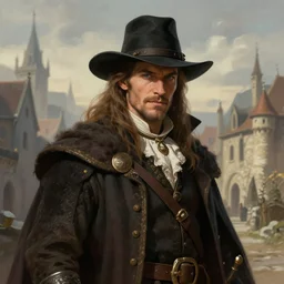 portrait of a charismatic rogue, illustration by larry elmore, michael wellen, in a medieval city, tone mapping, airbrushed clouds, trending on artstation