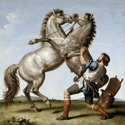 a man standing on all fours, bucking upwards and kicking a horse in the face, spanish renaissance