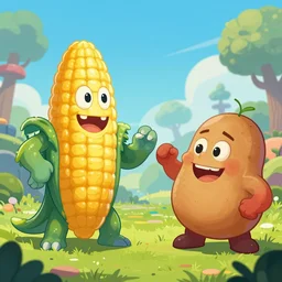 corn-monster vs potatoe-monster fight, epic digital art illustration, wide angle, masterpiece, outstanding detail, illustration