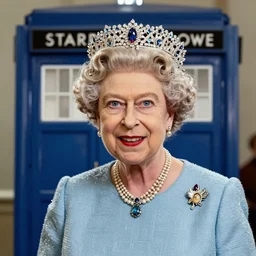 Portrait of Queen Elizabeth II with the Tardis behind her, highly detailed, digital painting, concept art, smooth, sharp focus, artstation