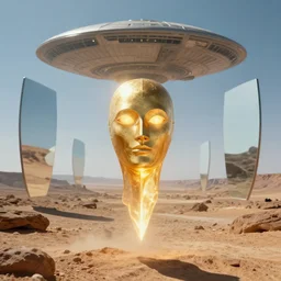 levitating glowing bene gesserit with full - face golden mask and glowing eyes in a dry rocky desert landscape, sunny atmosphere, fata morgana giant mirrors, giant alien spaceship in the sky by alejandro jodorowsky, anamorphic lens, kodakchrome, cinematic composition, practical effects, 8 k,