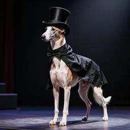 a greyhound wearing a black cloak and a top hat, under a spotlight, magician dog performing on stage, dapper greyhound
