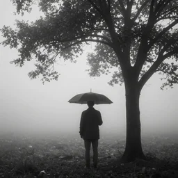 black and white picture of a single gentleman holding an umbrella close to a tree, fog, everything completly out of focus, backlight, realistic abstract picture, mist, mysterious