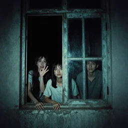 people watching you through your window at night, creepy, horror, 35mm photograph, grainy