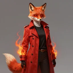 full body + face concept art of a female anthropomorphic humanoid fox with fire powers dressed in a red trench coat, black t - shirt, and jeans in the style of akira toriyama in the style of jean giraud trending on artstation deviantart pinterest furaffinity detailed realistic hd 8 k high resolution