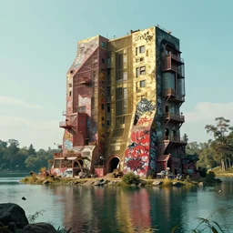 photo hyper realistic concept architecture artdesign house solarpunk in the funny big lake, style futuriste brutalism, red graffiti, gold and black turquoise ratio octane render excellent composition style alphosne mucha