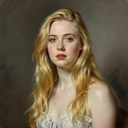 a striking hyper real painting of Elle Fanning by Paul Delaroche